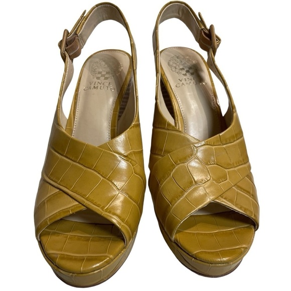 Vince Camuto Javasan Heel Sandals Mustard Yellow Embossed Leather Croc size 8 - Picture 4 of 8